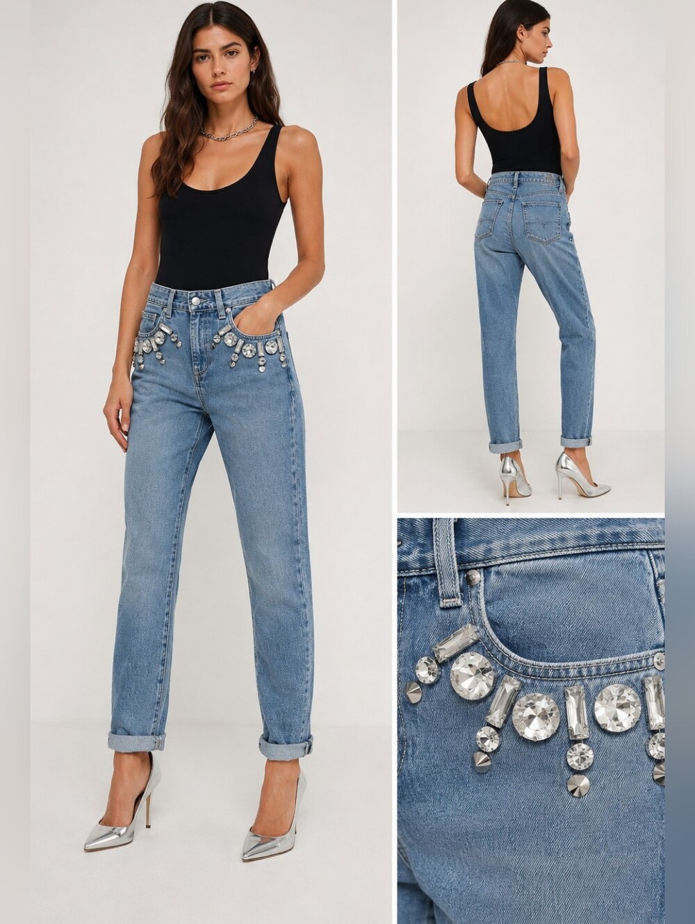 Emanuel Ungaro Light Blue Boyfriend Jeans with Crystal Embellishment